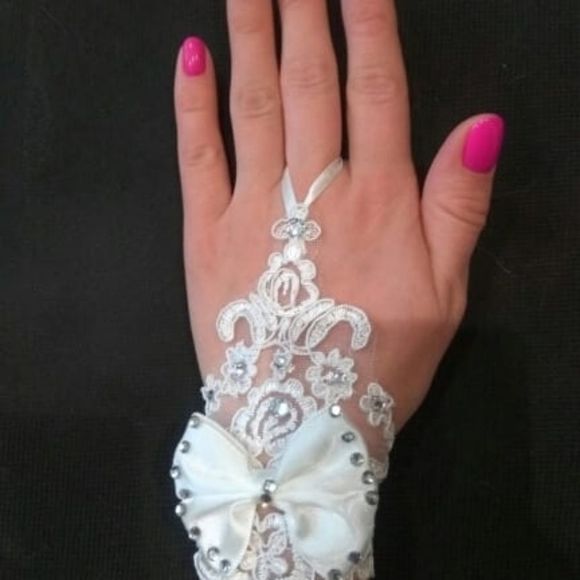 Hollow Band Fingerless Bride Gloves Lace Crystal W - Picture 4 of 4